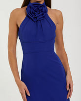 Blue Sleeveless Halter Neck Crepe Gown with Rosette Detail